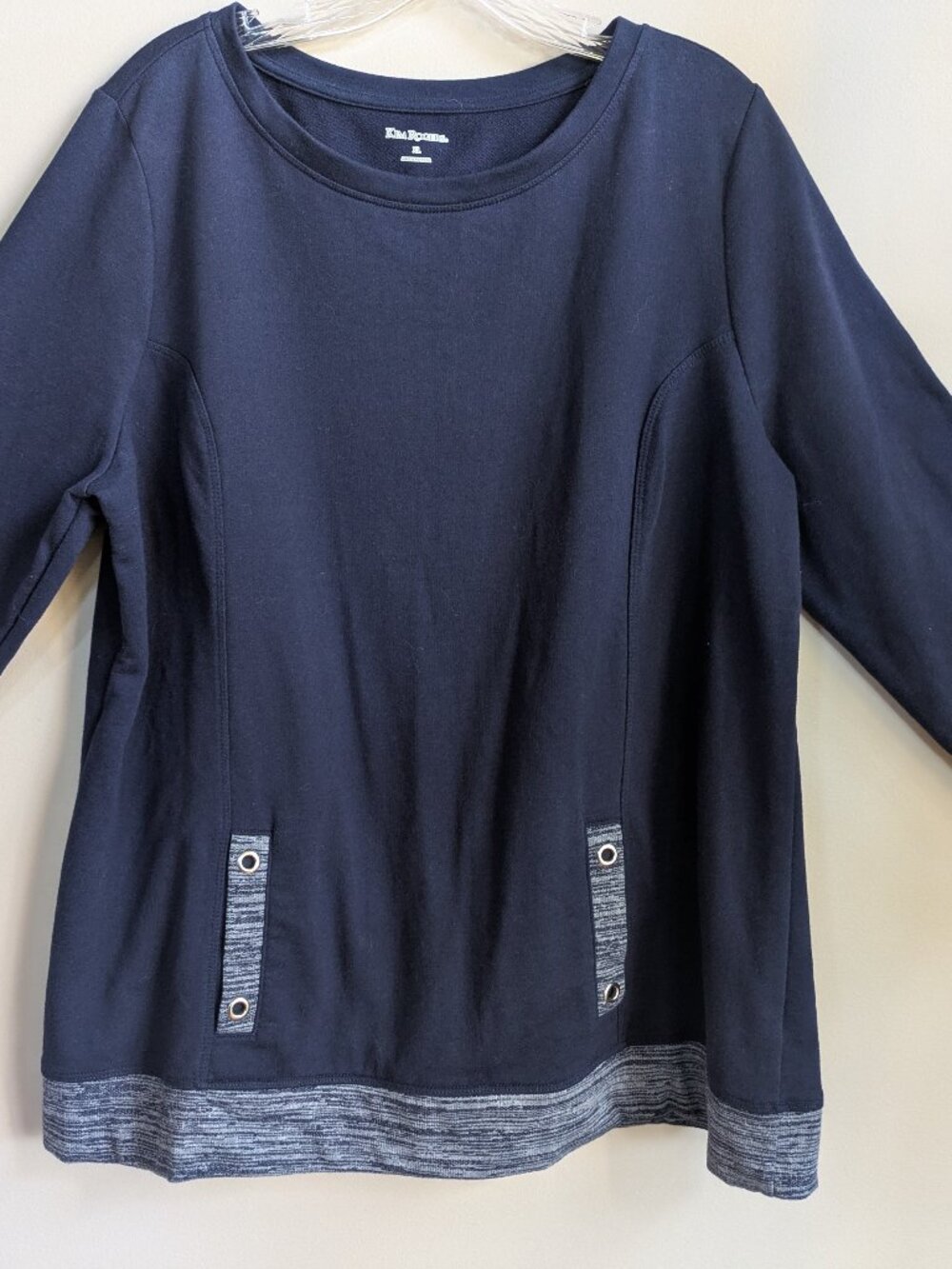 kim rogers navy blue sweater kangaroo pouch gray cuffs/hem size XL #703